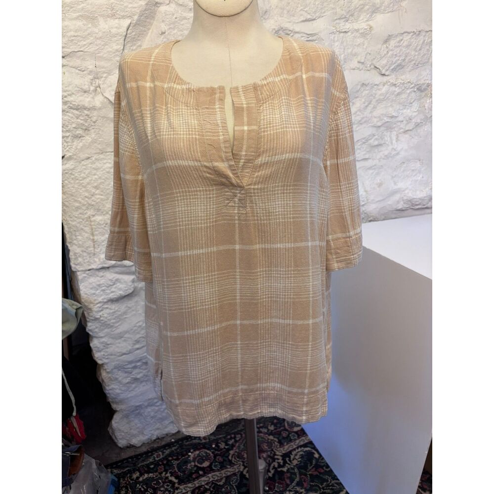 L.L. Bean Signature Linen Blend Plaid Tunic Medium Minimalist Coastal